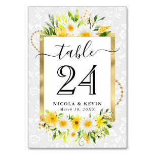 Aquarell-Gänseblümchen und gelbe Blumen Hochzeit Tischnummer