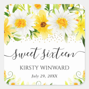 Aquarell-Gänseblümchen und gelbe Blumen Sweet Sixt Quadratischer Aufkleber