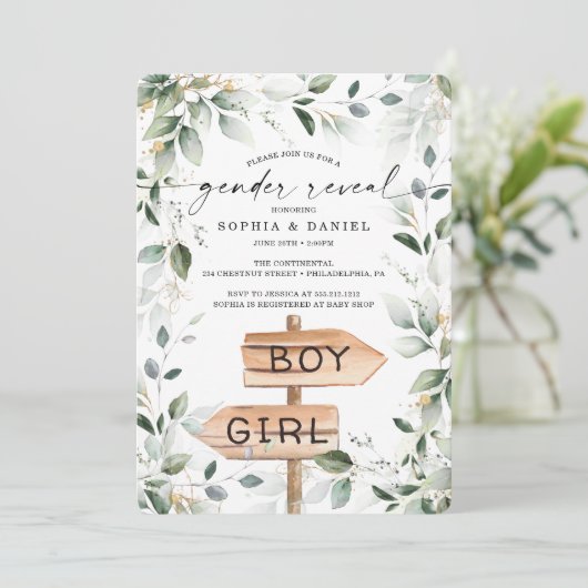 Aquarell Gärten Gold Gender Reveal Baby Dusche Einladung (Stehend Vorderseite)