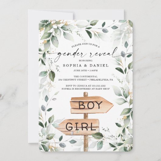 Aquarell Gärten Gold Gender Reveal Baby Dusche Einladung (Vorderseite)