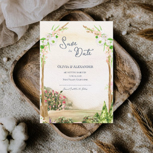 Aquarell-Garten-Torbogen-Hochzeit Save the Date Ankündigung