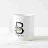 Aquarell-Gartenblumen-Monogramm schwarzer Kaffeebe Kaffeetasse (Vorderseite Links)