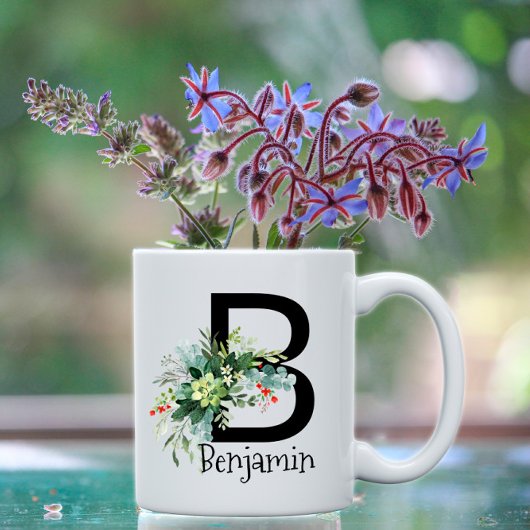 Aquarell-Gartenblumen-Monogramm schwarzer Kaffeebe Kaffeetasse