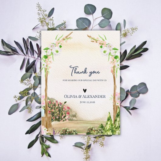Aquarell-Gartenbogen Romantische Hochzeit Danke Postkarte