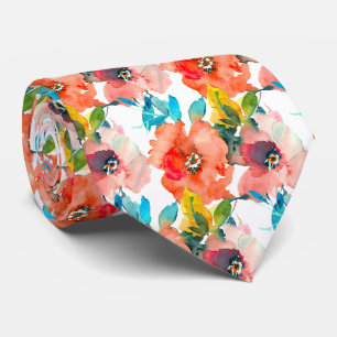 Aquarell-Gartenrosen Korallenorange Aqua-Laubwerk Krawatte