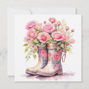 Aquarell-Gartenstiefel mit rosa Rosen  Karte