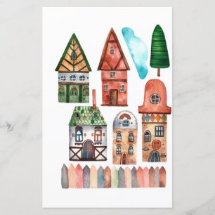 Aquarell-Gebäude Bäume zum Ausschneiden und Collag