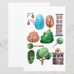 Aquarell-Gebäude Bäume zum Ausschneiden und Collag