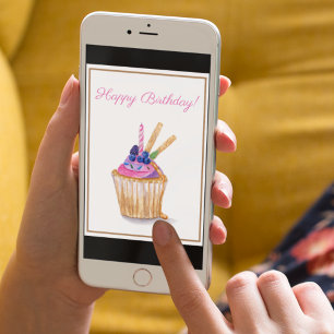 Aquarell-Geburtstags-Beeren-Cupcake mit Kerze Karte