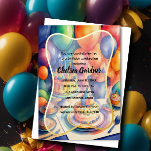 Aquarell Geburtstagsballons Torte Bunt Folieneinladung