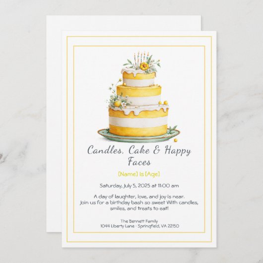 Aquarell Geburtstagskuchen Einladung - gelb (Vorne/Hinten)