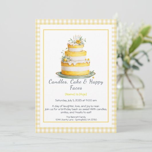 Aquarell Geburtstagskuchen Einladung - gelb (Stehend Vorderseite)