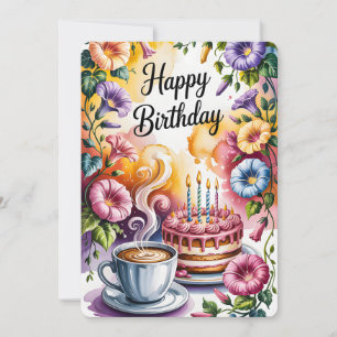 Aquarell-Geburtstagstorte-Kaffeetasse-Blumen Blume Einladung