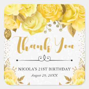 Aquarell-Gelb-Glam-Rosen-Geburtstag Quadratischer Aufkleber