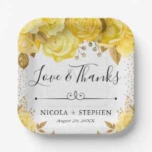 Aquarell-Gelb-Glamour-Rosen-Hochzeit Pappteller