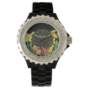 Aquarell Gelb Orange Frühlingsblumen Damast Armbanduhr
