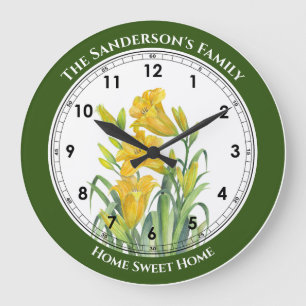 Aquarell-Gelb-Taglilien-Blumenillustration Große Wanduhr