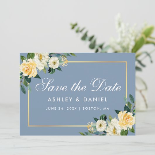 Aquarell Gelb Weiße Blüte Dusty Blau Save The Date (Stehend Vorderseite)