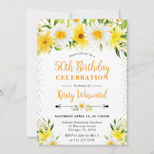 Aquarell Gelbe Blumen & Gänseblümchen 50. Geburtst Einladung
