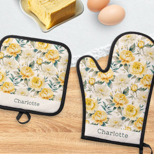 Aquarell Gelbe Blumen Küche Ofenhandschuh & Topflappen-Set