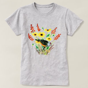 Aquarell-Gelbe Blumen mit Vogel Grau T-Shirt