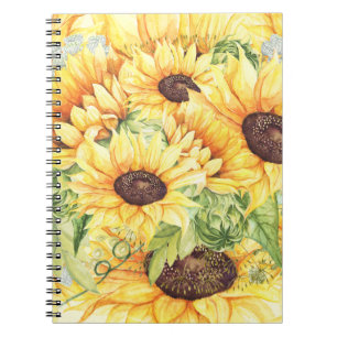 Aquarell-Gelbe Sonnenblumen Grünpflanzen Notizblock