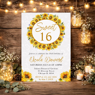 Aquarell-Gelbe Sonnenblumen-Kranz Sweet 16 Einladung