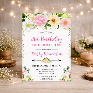 Aquarell Gelbe und Rosa Blumen 21. Geburtstag Einladung