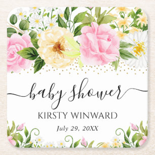 Aquarell-Gelbe-und-Rosa-Blumen-Baby-Party Rechteckiger Pappuntersetzer