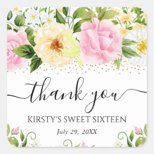 Aquarell-Gelbe und Rosa Blumen Sweet Sixteen Quadratischer Aufkleber