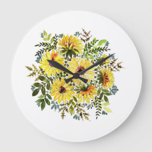 Aquarell-Gelber Blumenstrauß: Daisy Love Große Wanduhr