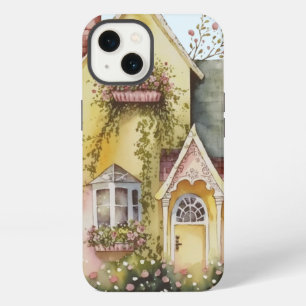 Aquarell gelbes Haus Blumenkästen Garten süß iPhone 13 Hülle