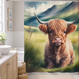 Aquarell-Gemälde Baby Highland-Kuh sitzend Duschvorhang