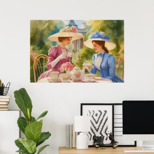 Aquarell-Gemälde einer viktorianischen Teeparty Poster (Heimbüro)