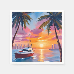 Aquarell-Gemälde Sonnenuntergang Miami Beach Boat  Serviette