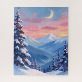 Aquarell-Gemälde Winter Mond Berg Puzzle
