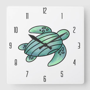 Aquarell gemalte Meeresschildkröte Cartoon blau gr Quadratische Wanduhr