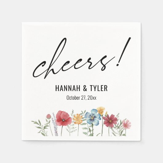 Aquarell-gemalte Wildblumen, Prost! Typografie Serviette (Vorderseite)