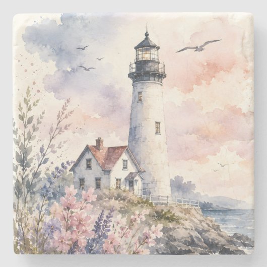 Aquarell-gemalter Leuchtturm Steinuntersetzer (Vorderseite)