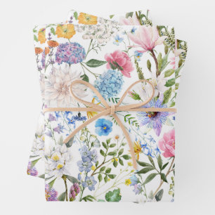 Aquarell Gemischte Gartenblumen  Geschenkpapier Set