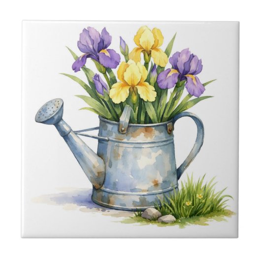 Aquarell-Gießkanne mit Irisblumen Fliese (Vorderseite)