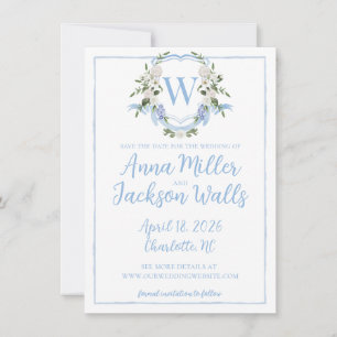 Aquarell-Ginger-Topf-Monogrammwappen, Blau-Weiß Save The Date