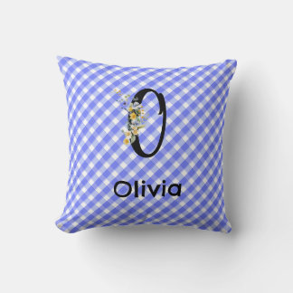 Aquarell-Gingham-Blau-Muster Blumen-Monogramm Kissen
