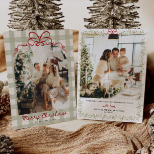 Aquarell-Gingham-Familienfoto-Weihnachten Feiertagskarte