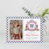 Aquarell Gingham Nussknacker Maus Monogrammwappen Feiertagskarte (Stehend Vorderseite)