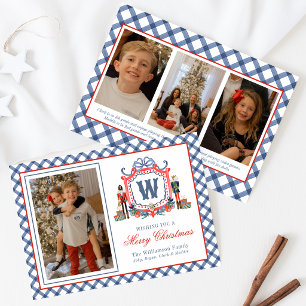 Aquarell Gingham Nussknacker Maus Monogrammwappen Feiertagskarte