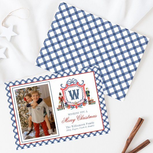 Aquarell Gingham Nussknacker Maus Monogrammwappen Feiertagskarte