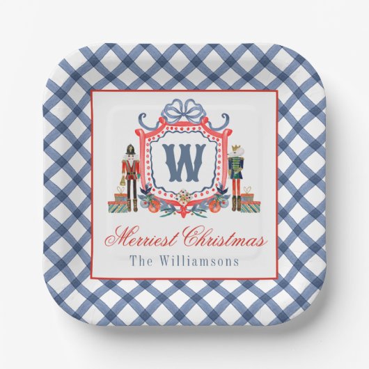 Aquarell Gingham Nussknacker Maus Monogrammwappen Pappteller (Vorderseite)