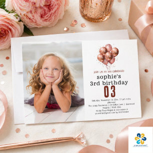 Aquarell Glitter Roségold-Ballon 3. Geburtstag Einladung