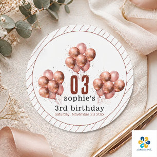 Aquarell Glitter Roségold-Ballon 3. Geburtstag Runder Aufkleber